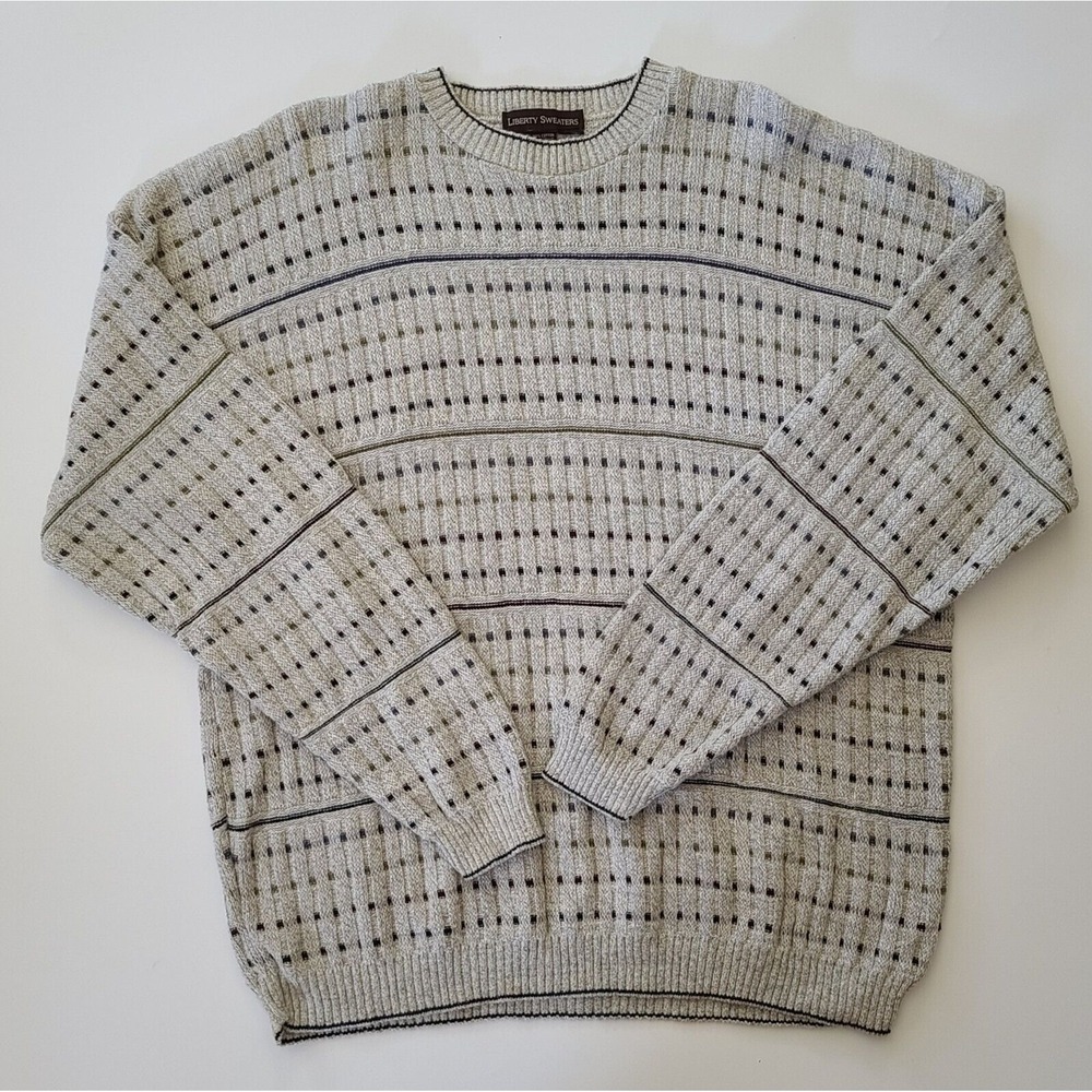 Liberty Crewneck Pullover Sweater Gray Multicolor Dot Stripe Knit Classic Preppy